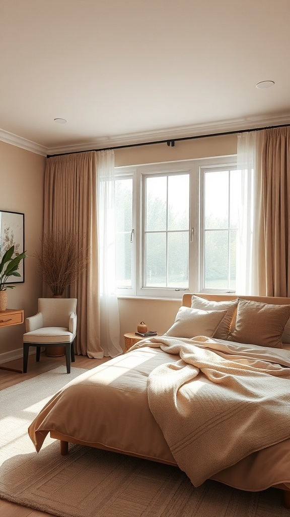 Cozy bedroom with warm beige color palette, natural light, and minimalist furniture.
