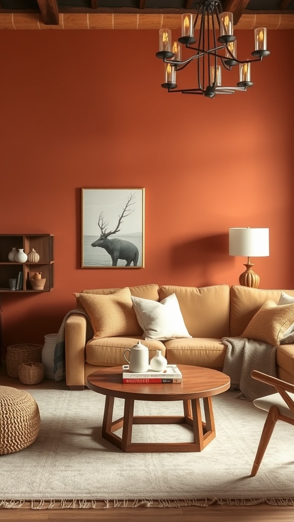 Cozy living room with warm terracotta walls, a comfortable sofa, and wooden furniture.