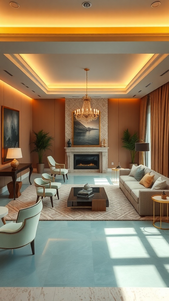 A cozy lounge with warm lighting, soft furnishings, and a welcoming atmosphere.