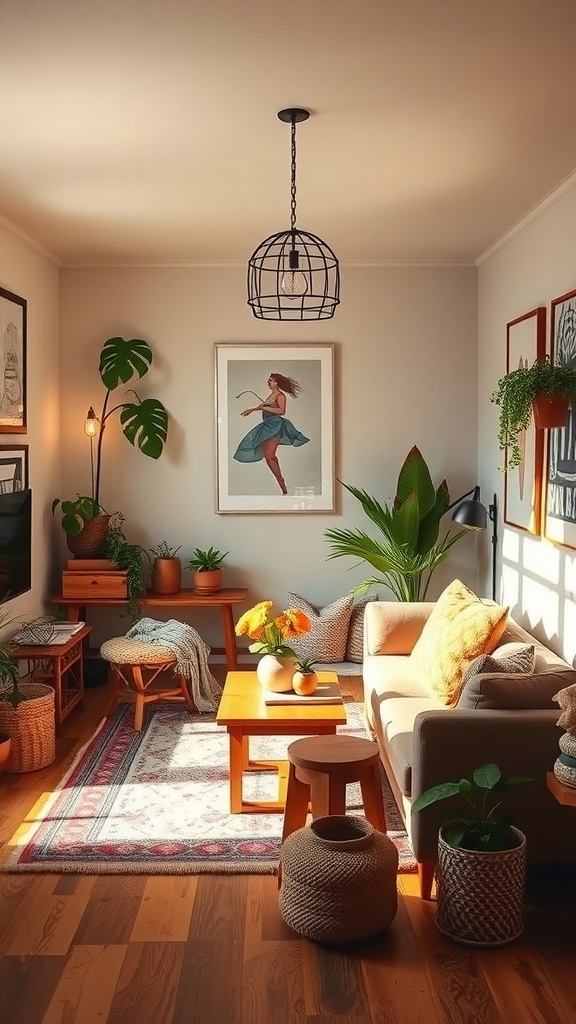 Cozy living room with warm color palette, plants, and artwork