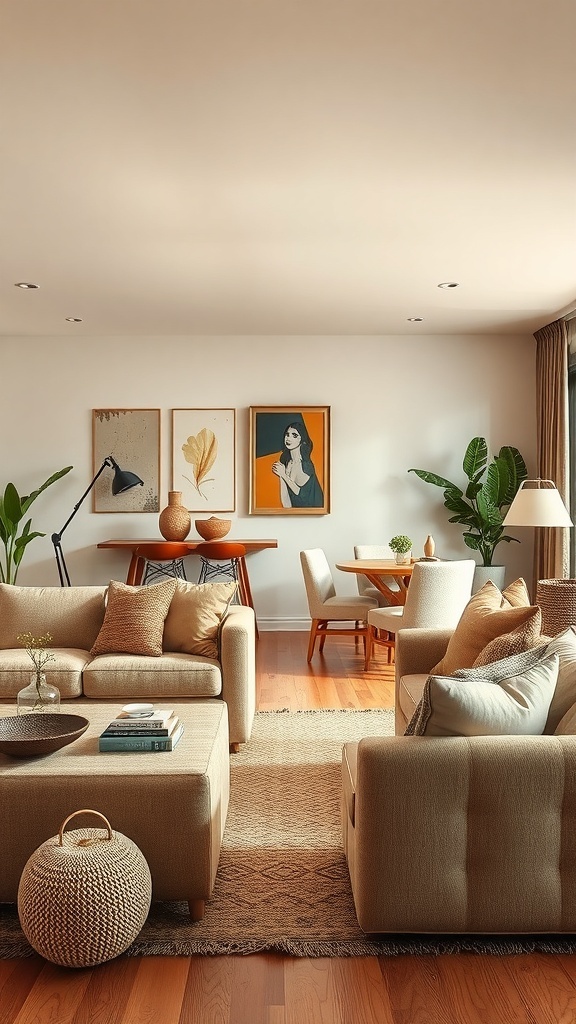 A cozy living room and dining area featuring warm earth tones, plush furniture, and natural decor.