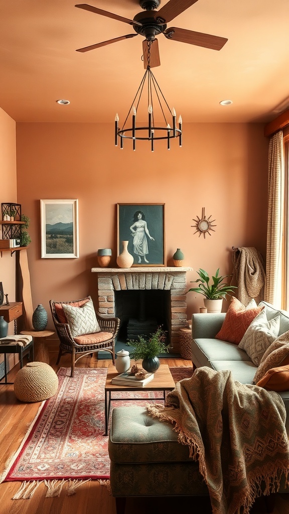 Cozy living room with warm earthy tones, featuring terracotta walls, a plush sofa, and rustic decor.
