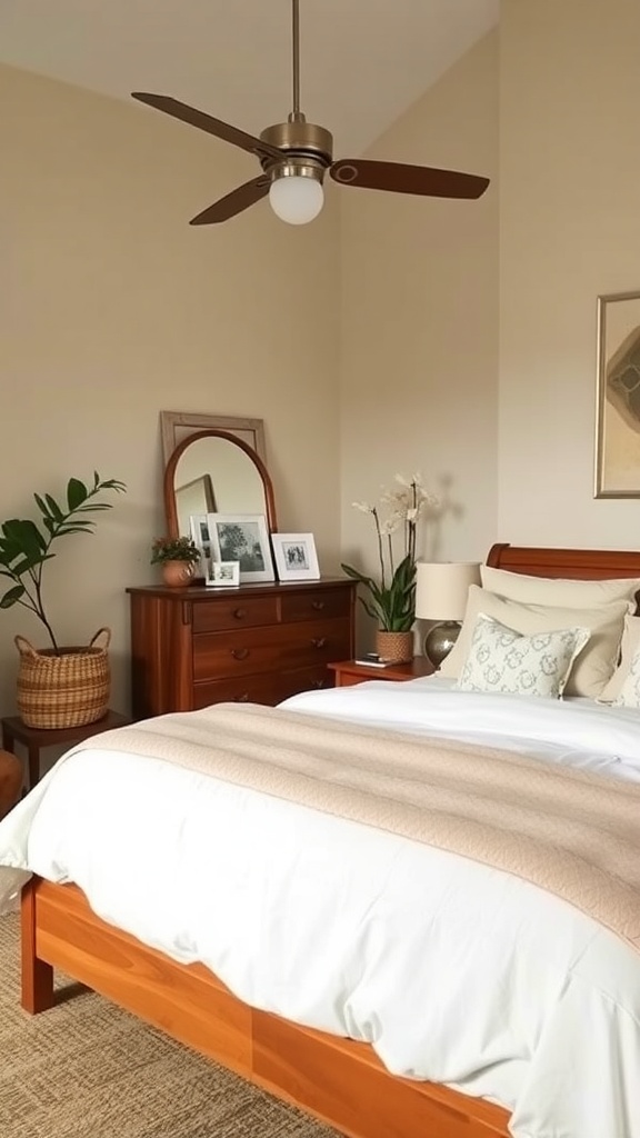 A cozy bedroom featuring warm earthy tones with a wooden bed, light beige walls, and decorative elements.