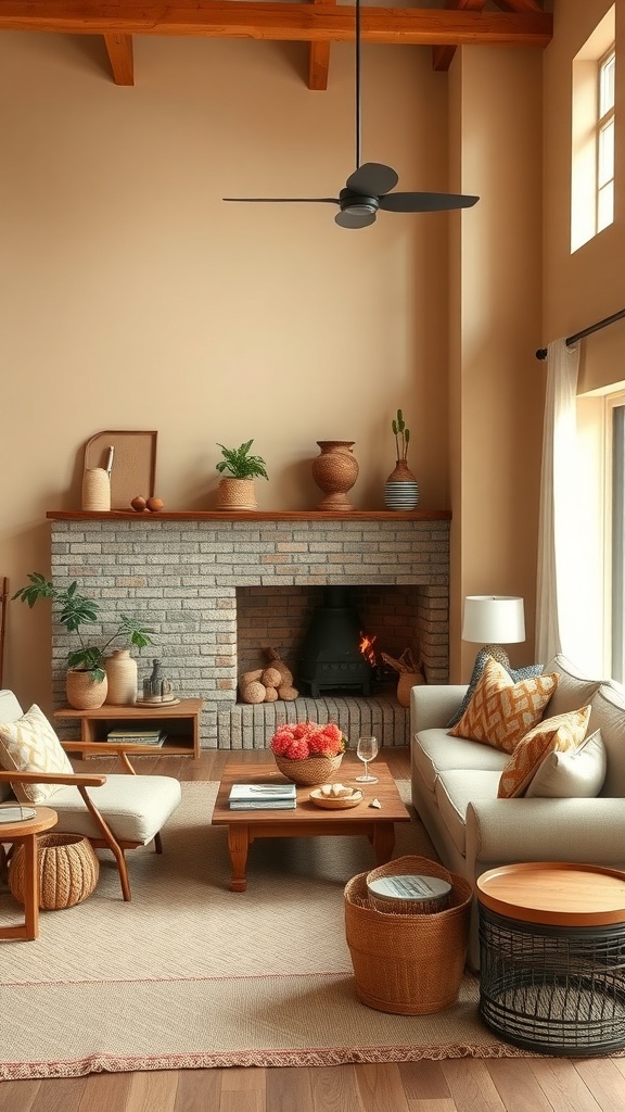 A cozy living room featuring warm earthy tones with accent colors.