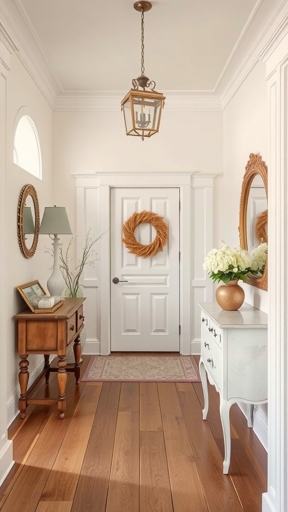A warm and inviting entryway featuring soft neutrals, vintage decor, and natural wood flooring.