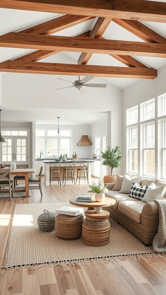 Cozy living room with neutral tones featuring a sofa, round coffee table, and woven baskets.