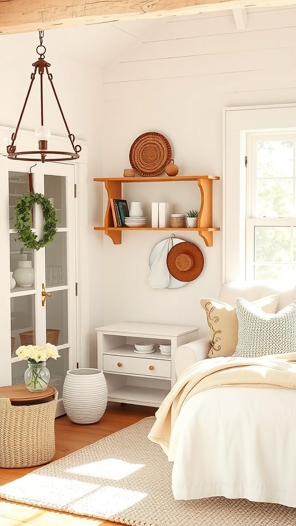 A cozy farmhouse interior featuring warm colors, natural wood tones, and simple decor.