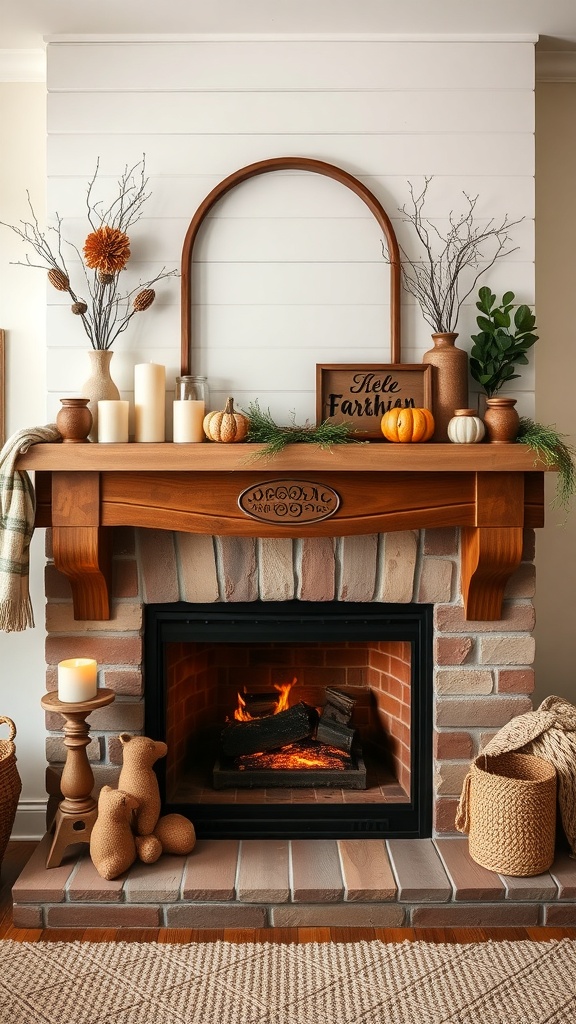 A warm and inviting fireplace mantel decorated with pumpkins, candles, and natural elements.