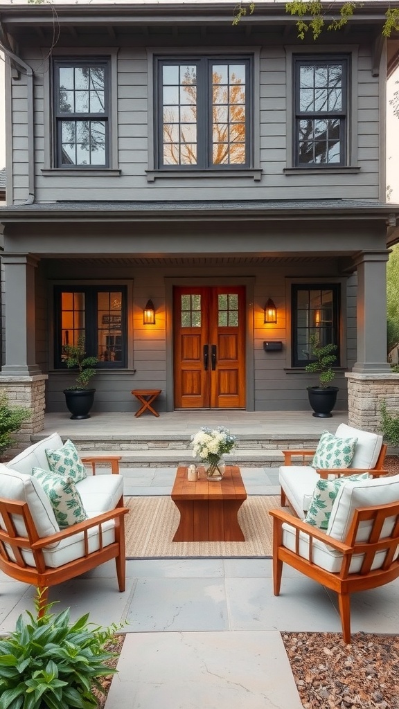 A house with warm gray exterior, wooden doors, and inviting outdoor seating.