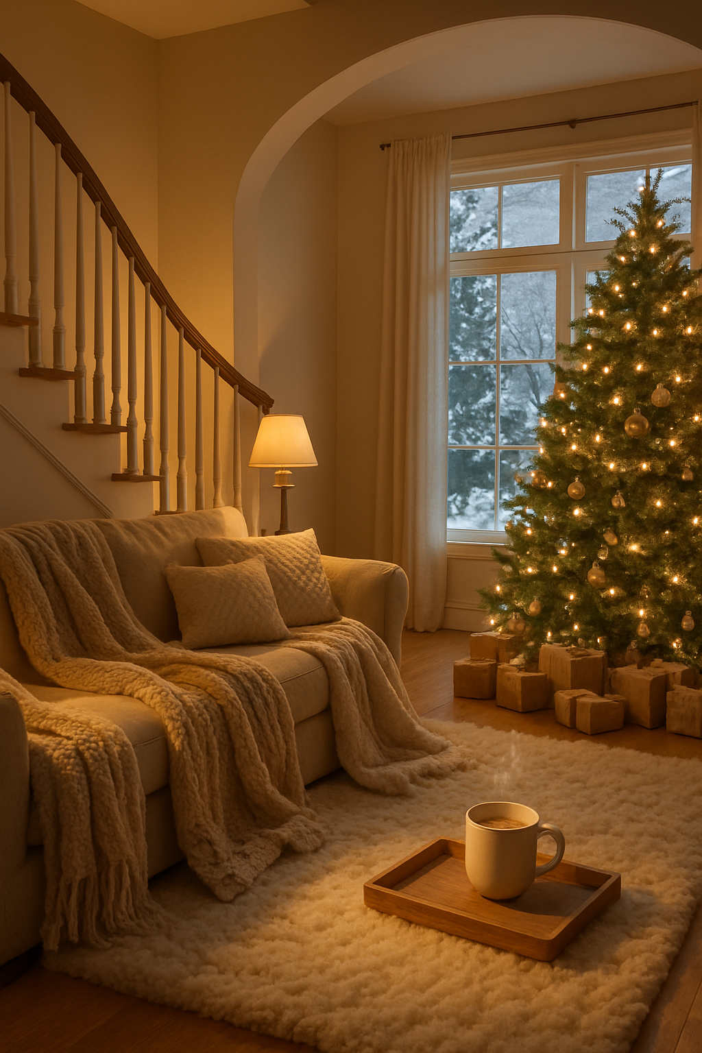 Cozy living room with warm knit blankets, a Christmas tree, and a steaming cup of coffee.