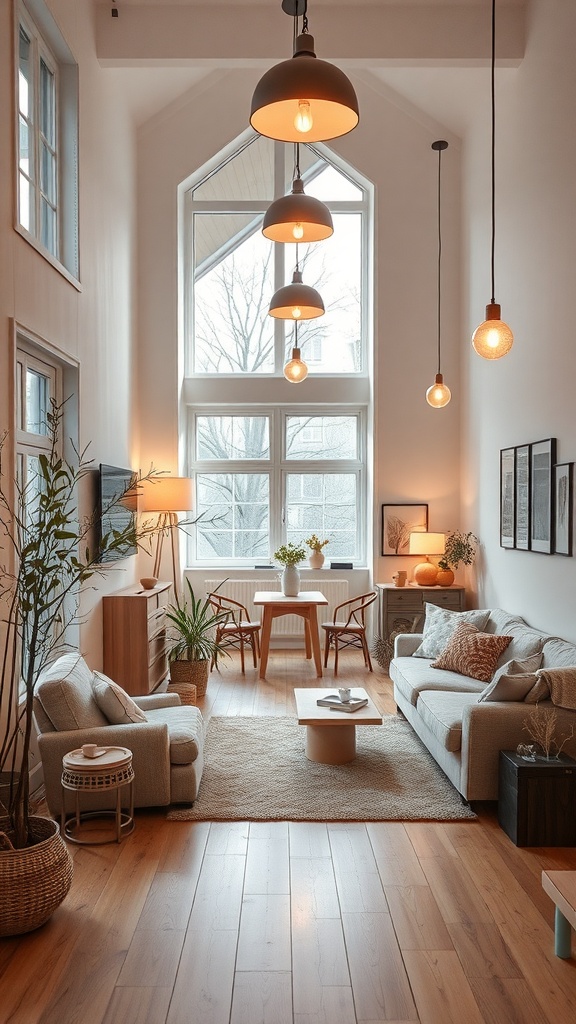A Scandinavian living room with warm lighting, featuring high ceilings, large windows, and cozy furniture.