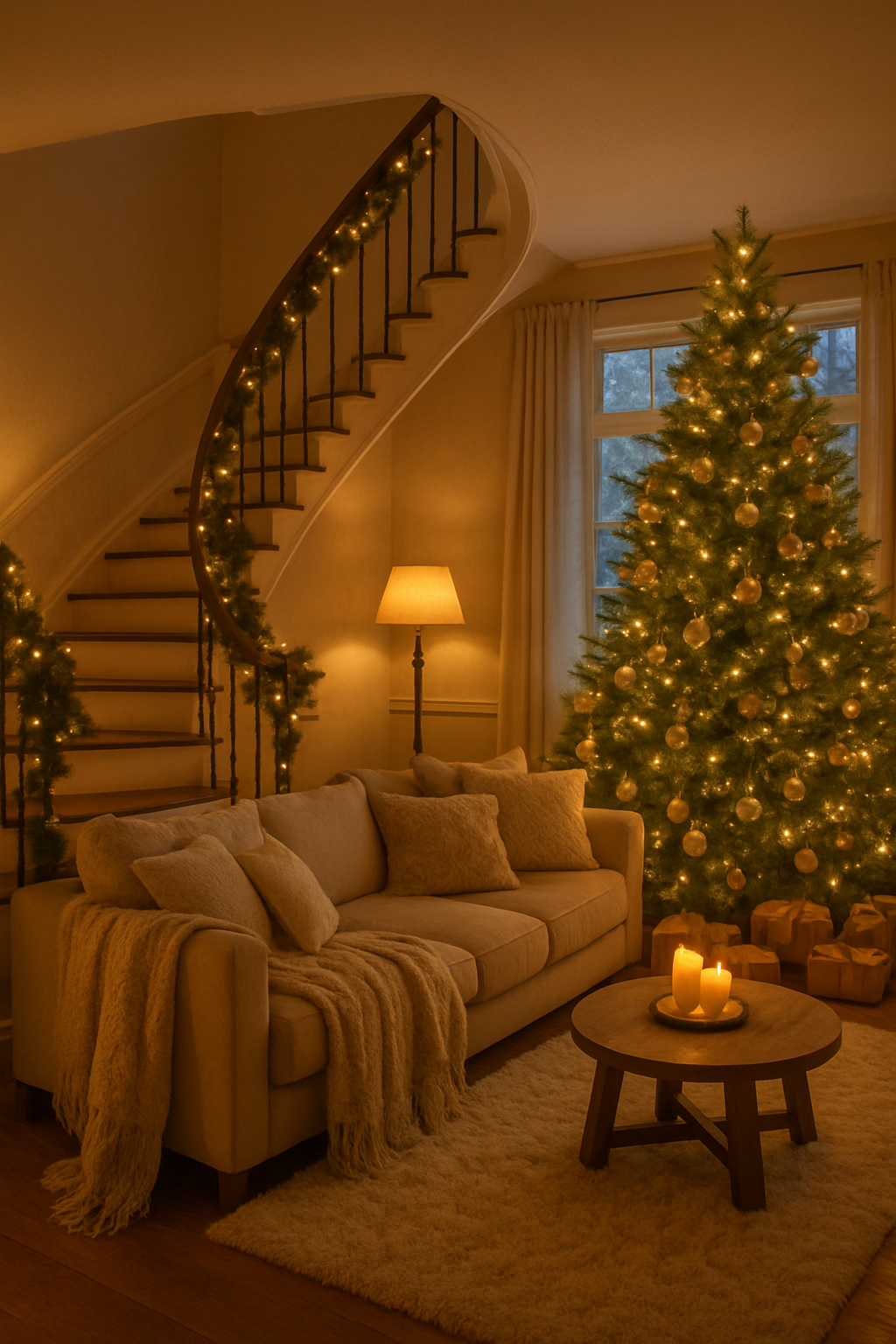 Cozy living room with warm lighting, a Christmas tree, and a comfortable couch.