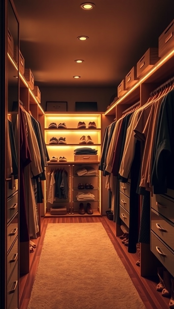 A cozy walk-in closet with warm lighting, showcasing neatly arranged clothes and shoes.