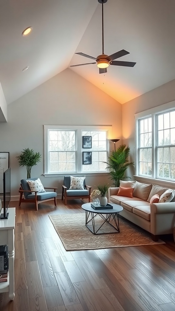 Cozy living room with warm lighting, featuring a ceiling fan, natural wood floors, and soft furnishings.