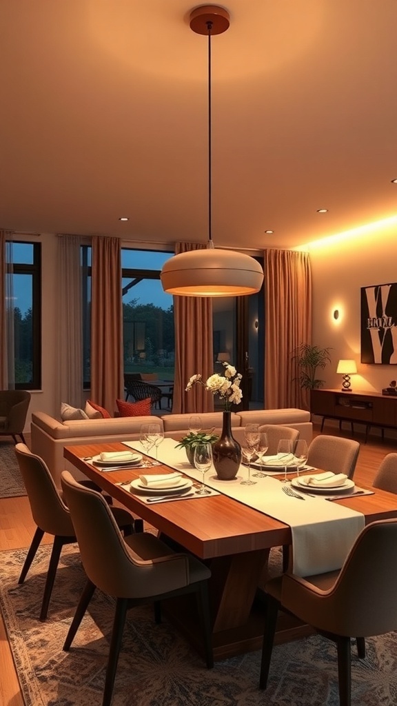 A cozy living and dining room with warm lighting, featuring a wooden dining table set for a meal and a stylish pendant light.