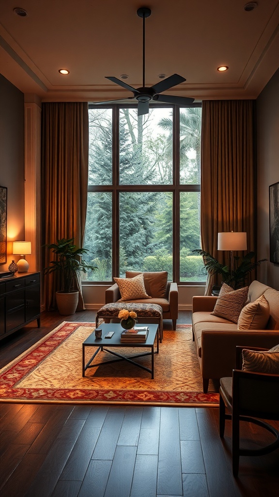 Cozy living room with warm lighting, large windows, and comfortable furniture