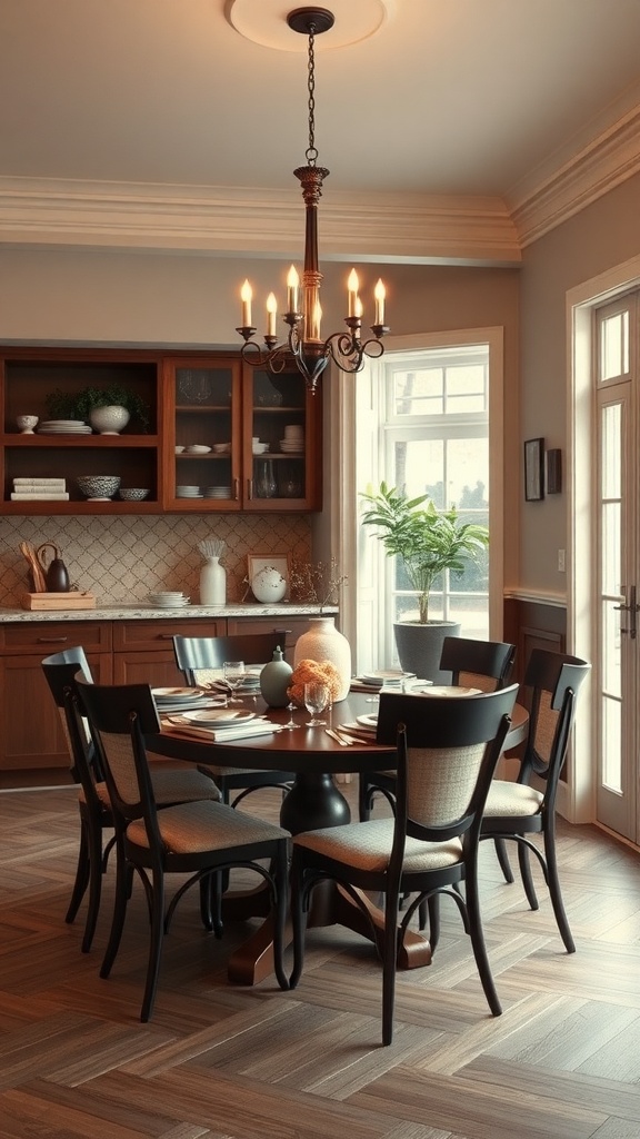 A cozy dining area with a chandelier, wooden table, and elegant decor.