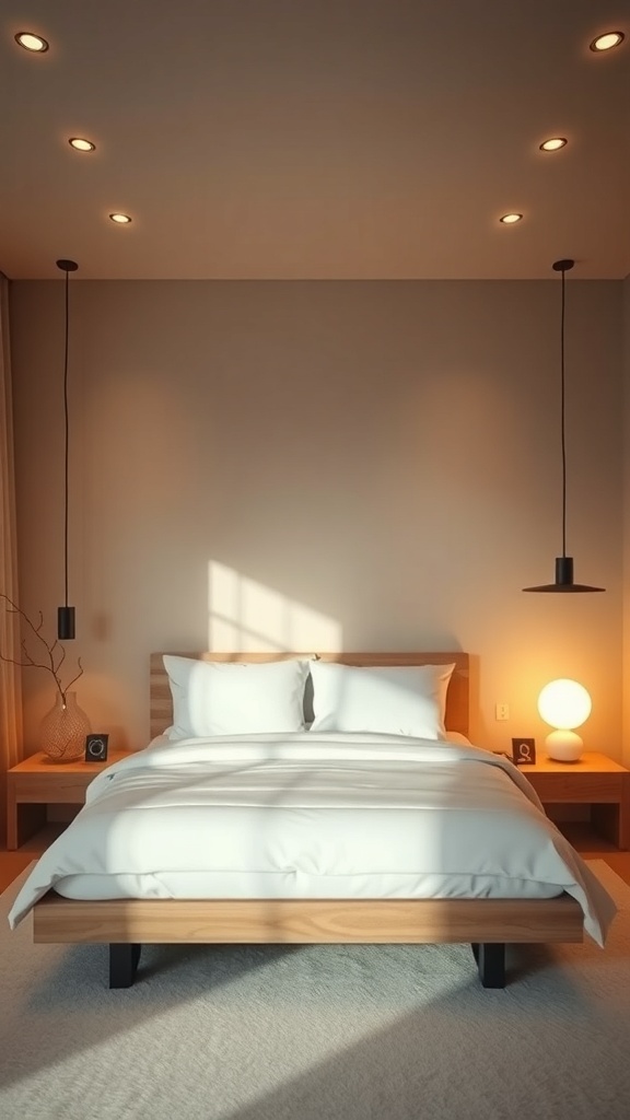 A minimalist Japanese bedroom with warm lighting, featuring recessed ceiling lights and a pendant lamp.