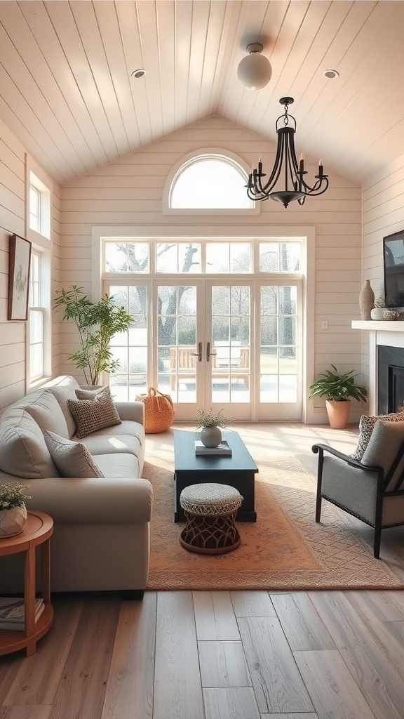 A cozy living room with warm lighting, featuring large windows, a chandelier, and rustic decor.