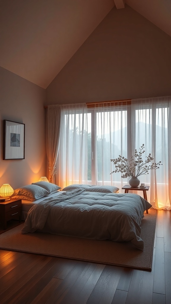 A serene Japandi bedroom with warm lighting, showcasing soft bedding, wooden floors, and natural elements.