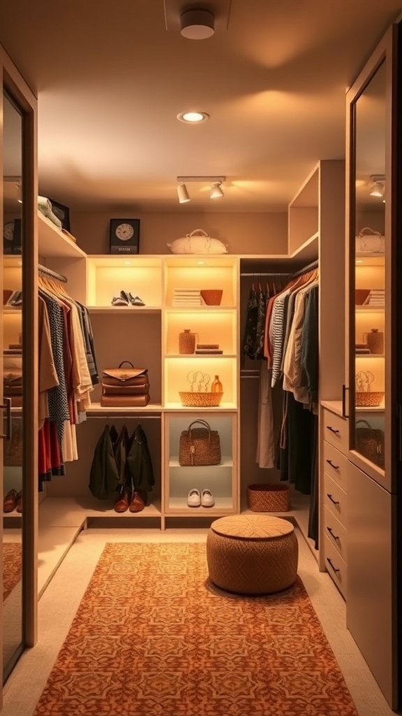 A cozy walk-in closet with warm lighting, showcasing neatly arranged clothes and accessories.