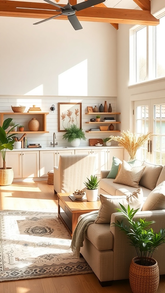 A cozy living room with warm neutral colors, featuring a comfortable sofa, wooden shelves, and plants.