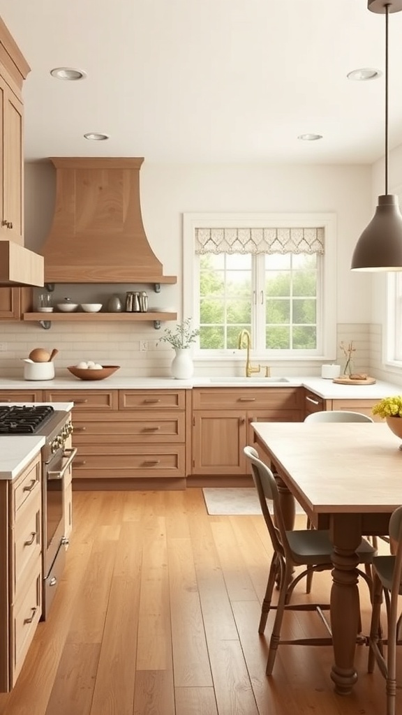 A kitchen featuring warm neutral tones with light wood cabinetry, white countertops, and a large window.