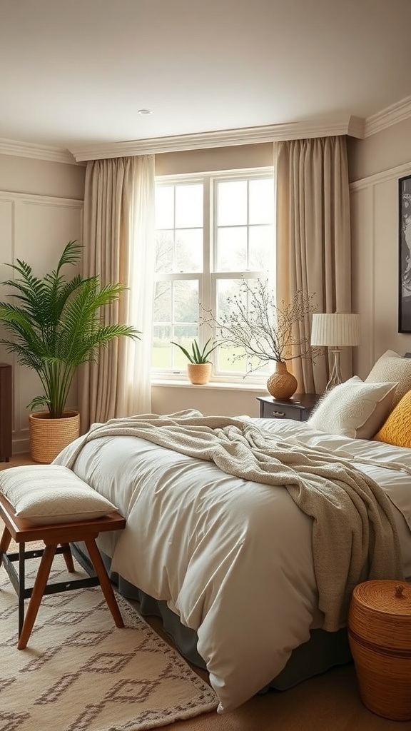 A cozy bedroom featuring warm neutral colors, soft textures, and natural elements.