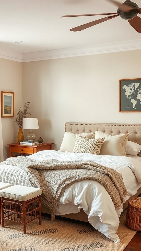 Cozy bedroom with warm neutral colors and soft textures, featuring a plush bed, chunky knit throw, and wooden furniture.