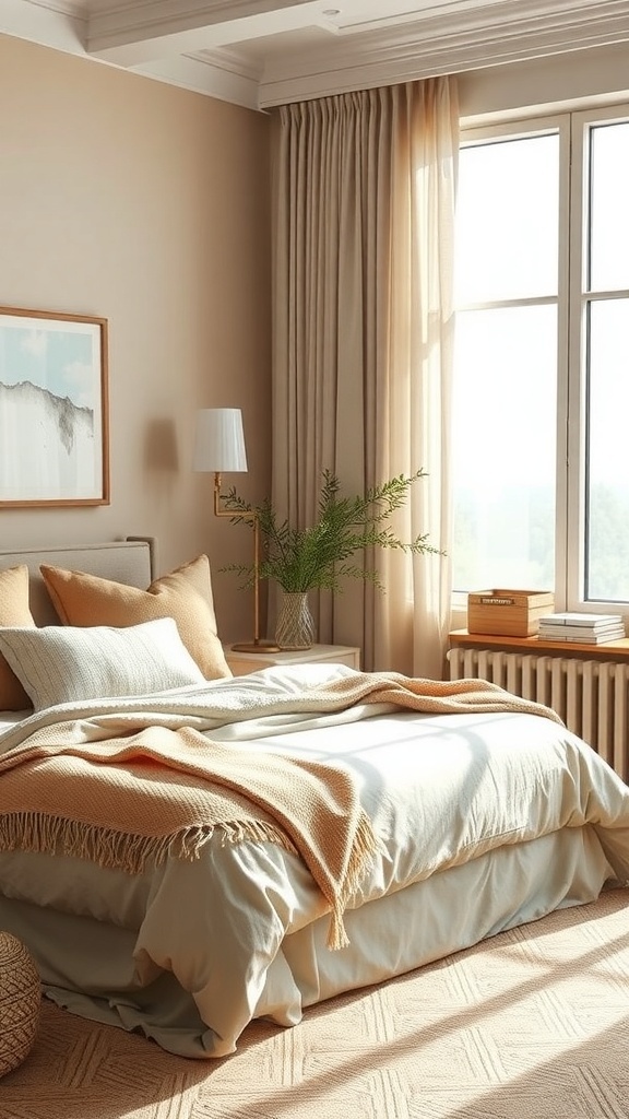 A cozy bedroom featuring warm neutral colors, soft bedding, and natural light.