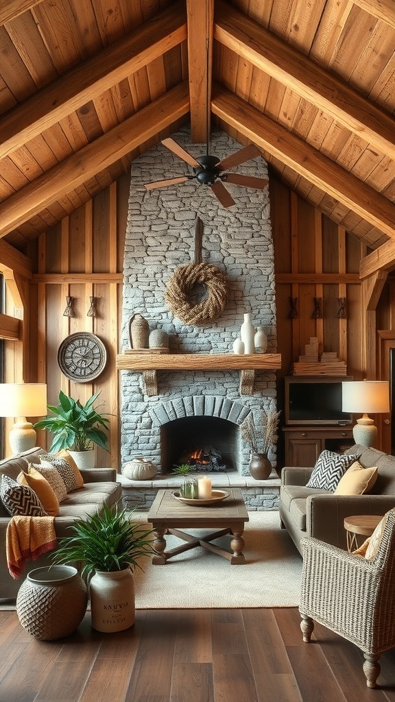 Cozy rustic living room with wooden beams and stone fireplace.