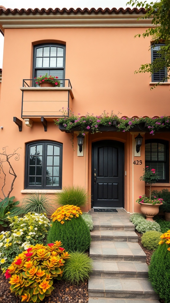 A house painted in warm terracotta with dark window frames and a black door, surrounded by colorful flowers and greenery.