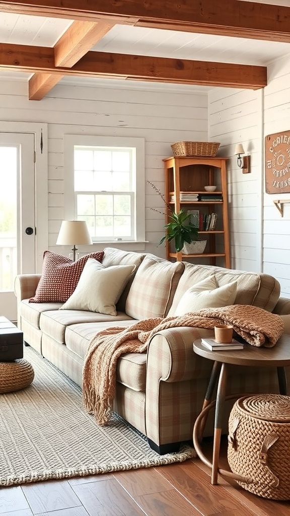 Cozy farmhouse living room with layered fabrics and warm textiles.