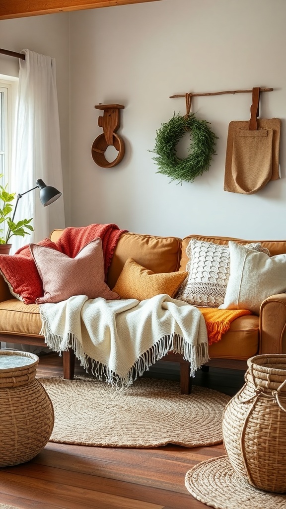 Cozy living room with layered textiles, including throws and pillows on a sofa.