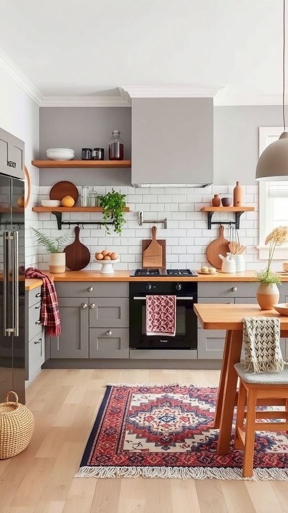A cozy Scandinavian kitchen featuring warm textiles, a patterned rug, and a comfortable throw.