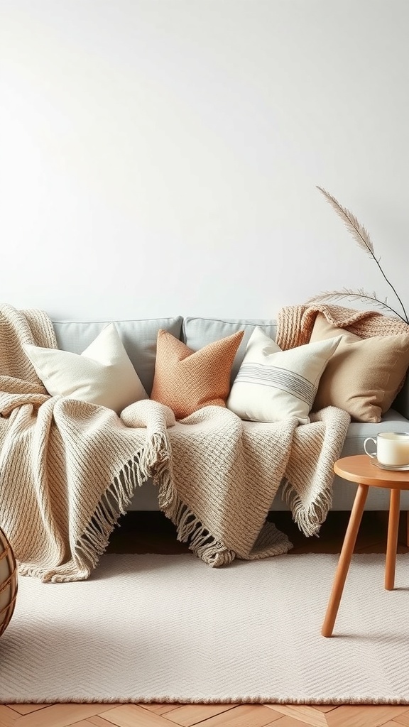 A cozy living room with warm textiles, including a soft blanket and pillows on a couch.