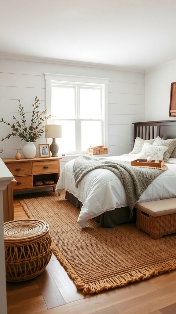 A cozy bedroom featuring a warm textured rug, wooden ceiling, and plants.