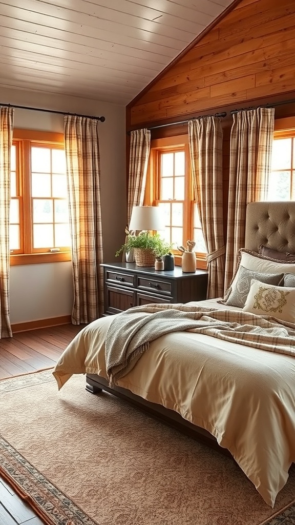 A cozy bedroom featuring warm wooden walls, plaid curtains, and layered bedding.