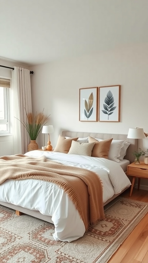 A cozy Scandinavian-style bedroom featuring a white duvet, beige throw blanket, and natural elements.
