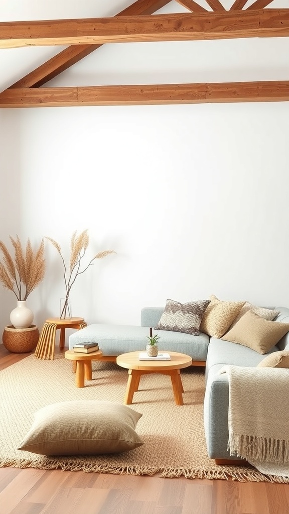 A minimalist rustic living room featuring a light blue sofa, wooden furniture, and warm textures.