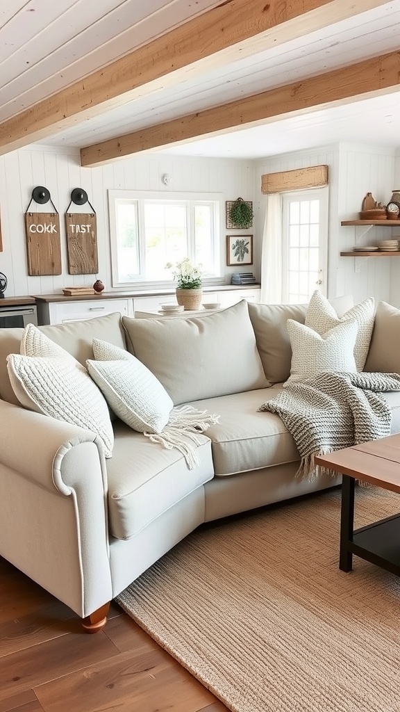 Cozy living room with a light-colored sofa, knitted pillows, a woven rug, and wooden accents.