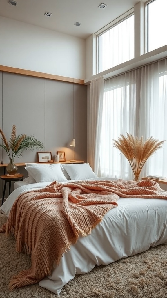 A cozy bedroom featuring a peach throw blanket on a bed with white sheets, surrounded by natural decor elements.