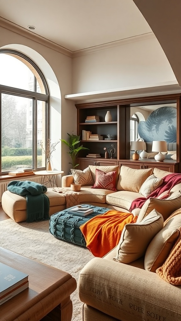 A cozy sunken lounge featuring a soft couch with colorful throws, a coffee table, and natural light from a large window.