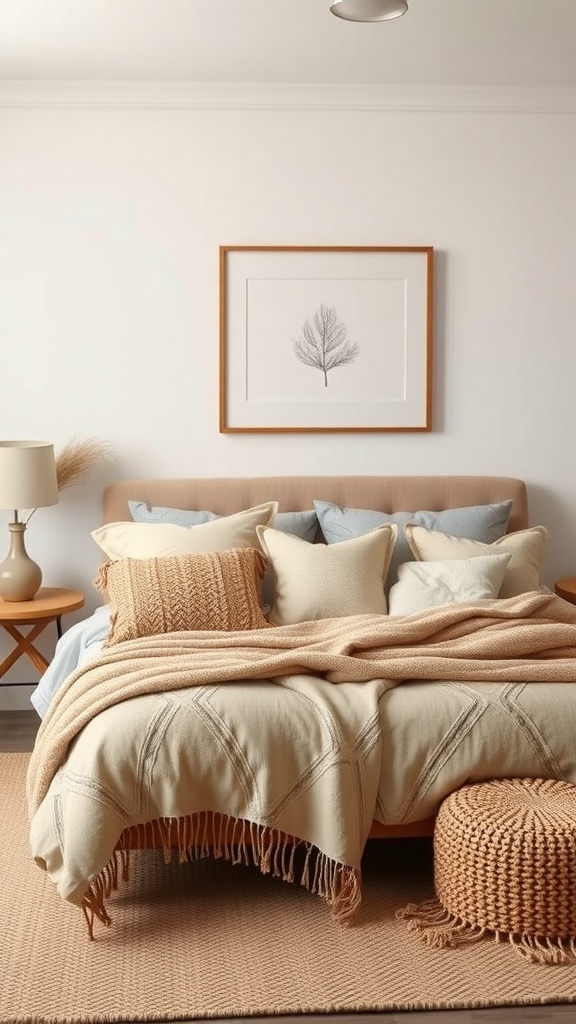 A cozy farmhouse bedroom with warm tones, textured pillows, and a knitted throw.