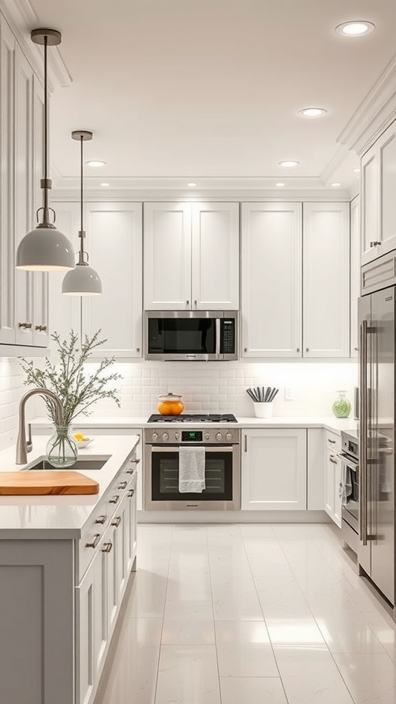 A modern white kitchen with warm white lighting, featuring sleek cabinets and a cozy atmosphere.