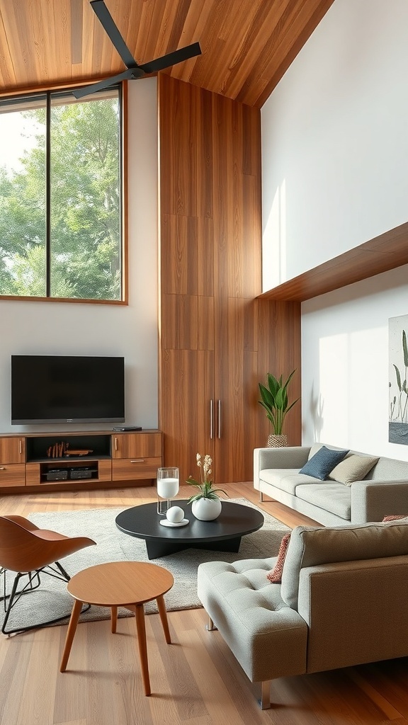 Minimalistisches Wohnzimmer mit Holzverkleidungen und großen Fenstern