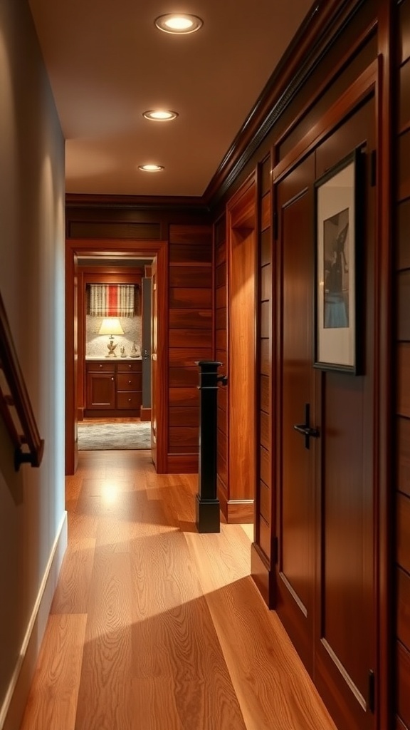 A hallway featuring warm wood accents and black railings, showcasing a cozy and modern design.