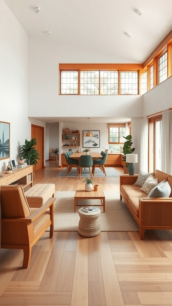 A cozy Japandi living room featuring warm wood accents, large windows, and natural light.