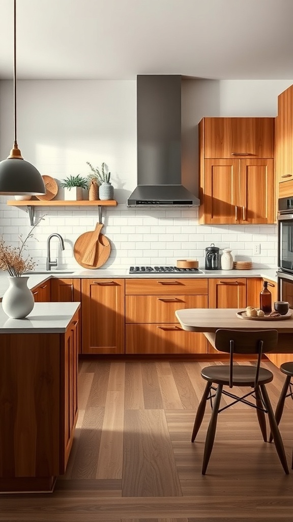 A modern kitchen featuring warm wood accents, sleek cabinetry, and a cozy dining area.