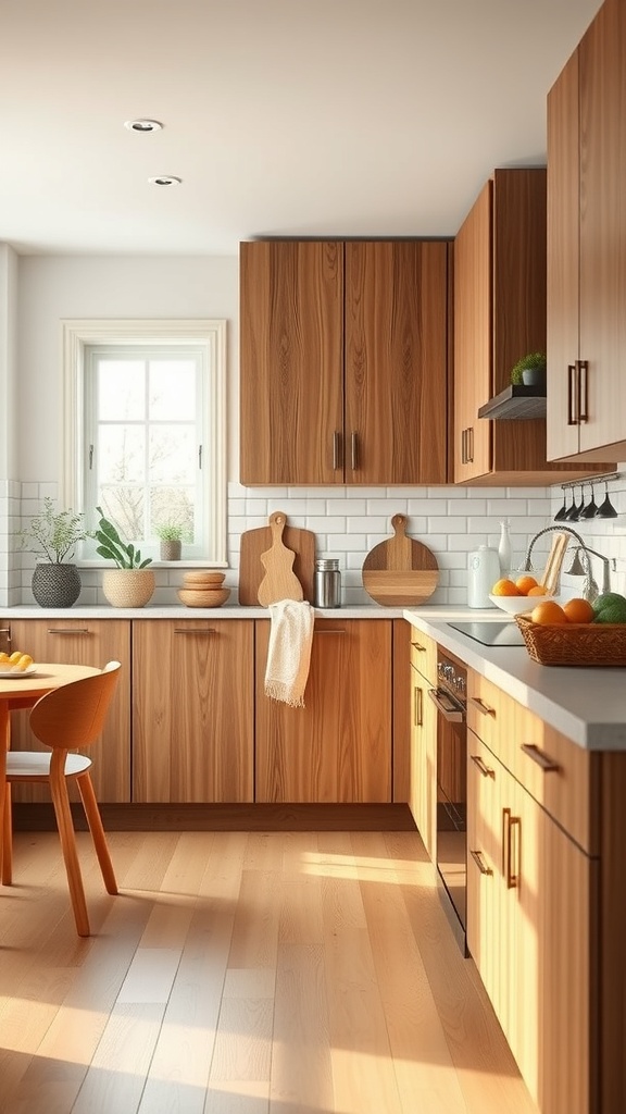 A Scandinavian kitchen featuring warm wood cabinetry and accents.